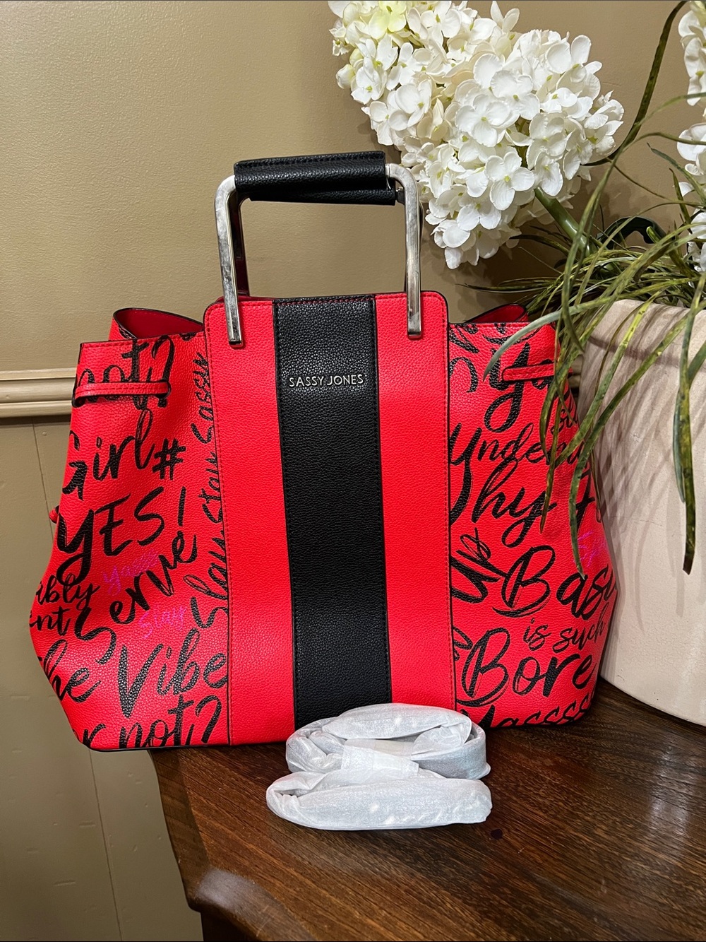 Sassy Jones Red & Black Script Tote with Bold Center Stripe